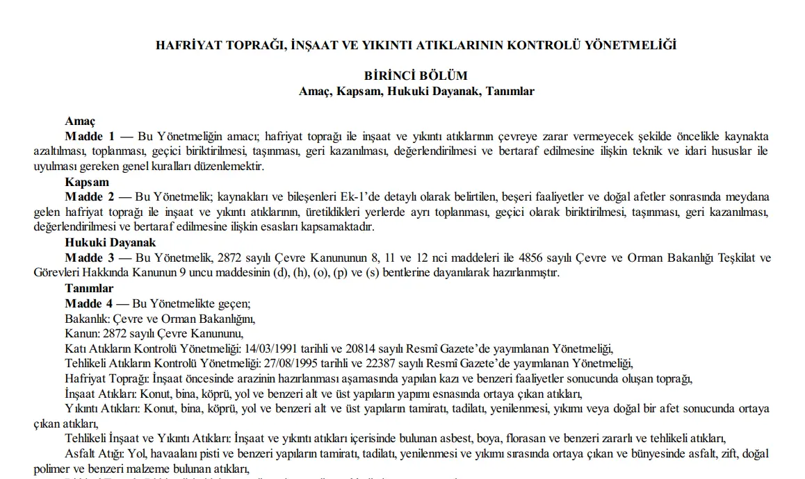 Hafriyat Toprağı ve İnşaat Yıkıntı Atıkları Yönetmeliği